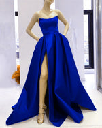 Cargar imagen en el visor de la galería, Royal Blue Prom Dresses Long Satin Strapless Evening Gowns With Slit
