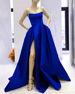 Royal Blue Prom Dresses Long Satin Strapless Evening Gowns With Slit