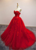 Cargar imagen en el visor de la galería, Burgundy Floral Lace Sweetheart Tulle Ball Gown Wedding Dresses
