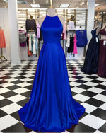 Load image into Gallery viewer, Long Satin Halter Prom Dresses Leg Split Evening Gowns
