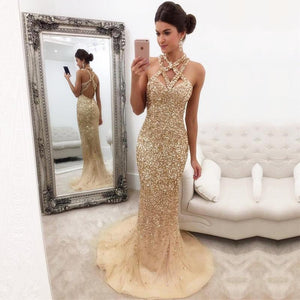 Fully Crystal Beaded Halter Long Champagne Mermaid Evening Gowns 2017