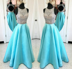 Afbeelding in Gallery-weergave laden, Unique Keyhole Back Long Satin Prom Dresses Ball Gowns Sequins And Beaded
