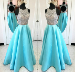 Unique Keyhole Back Long Satin Prom Dresses Ball Gowns Sequins And Beaded