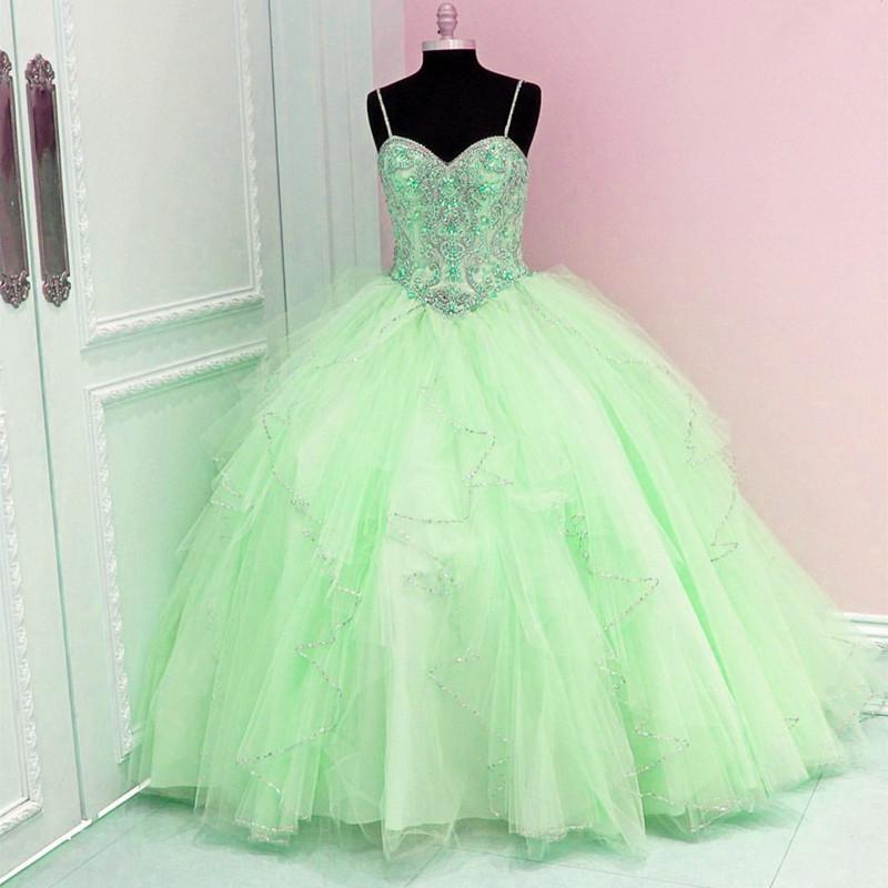 Spaghetti Straps Crystal Beaded Sweetheart Tulle Ruffles Ball Gowns Quinceanera Dresses