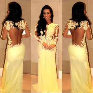Yellow Lace Appliques See Through Long Sleeves Mermaid Evening Dress Prom Gowns