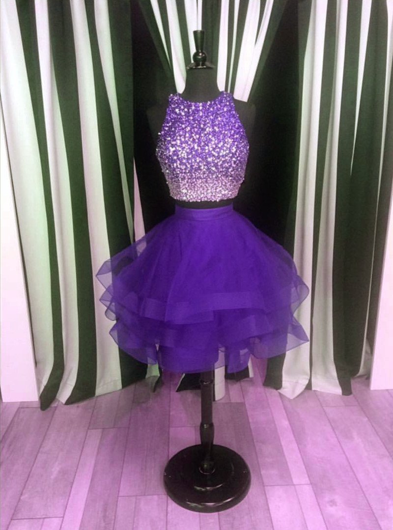 Two Piece Ruffles Ball Gown Homecoming Dresses With Ombre Sequins And Beaded