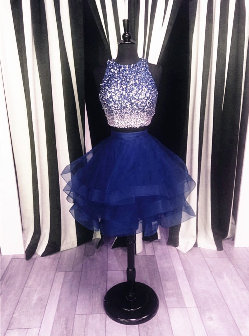 Ombre Sequins Beaded Ruffle Homecoming Dresses Two Piece