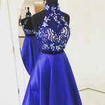 Cargar imagen en el visor de la galería, Beading Long Royal Blue Satin Prom Dresses Two Piece With Lace Crop
