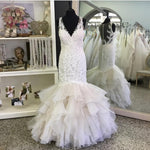 Afbeelding in Gallery-weergave laden, Sexy V Neck Organza Ruffles Mermaid Wedding Dresses Lace
