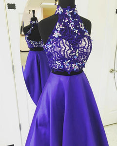 Beading Long Royal Blue Satin Prom Dresses Two Piece With Lace Crop