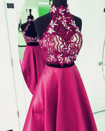 Cargar imagen en el visor de la galería, Beading Long Royal Blue Satin Prom Dresses Two Piece With Lace Crop
