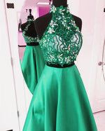 Cargar imagen en el visor de la galería, Beading Long Royal Blue Satin Prom Dresses Two Piece With Lace Crop
