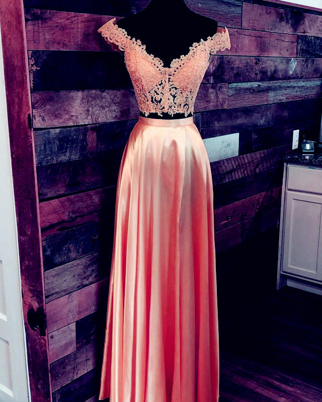 Off The Shoulder Lace Crop Long Prom Dresses Two Piece