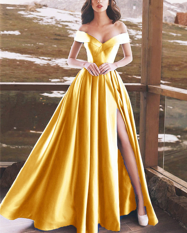 Charming Prom Long Dresses Off-Shoulder Satin Split Evening Gowns