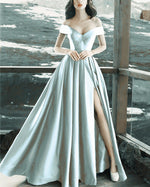 Cargar imagen en el visor de la galería, Charming Prom Long Dresses Off-Shoulder Satin Split Evening Gowns
