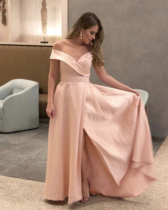 Long Satin Off Shoulder Prom Dresses 2019 Sexy Split Evening Gowns