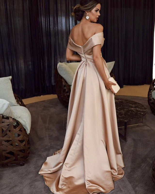 Long Satin Off Shoulder Prom Dresses 2019 Sexy Split Evening Gowns