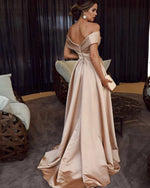 Load image into Gallery viewer, Long Satin Off Shoulder Prom Dresses 2019 Sexy Split Evening Gowns
