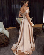 Cargar imagen en el visor de la galería, Long Satin Off Shoulder Prom Dresses 2019 Sexy Split Evening Gowns
