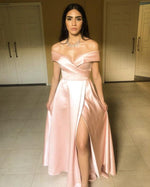 Cargar imagen en el visor de la galería, Sexy-Leg-Split-Long-Satin-Prom-Dresses-2019-Pink-Off-The-Shoulder-Evening-Gowns
