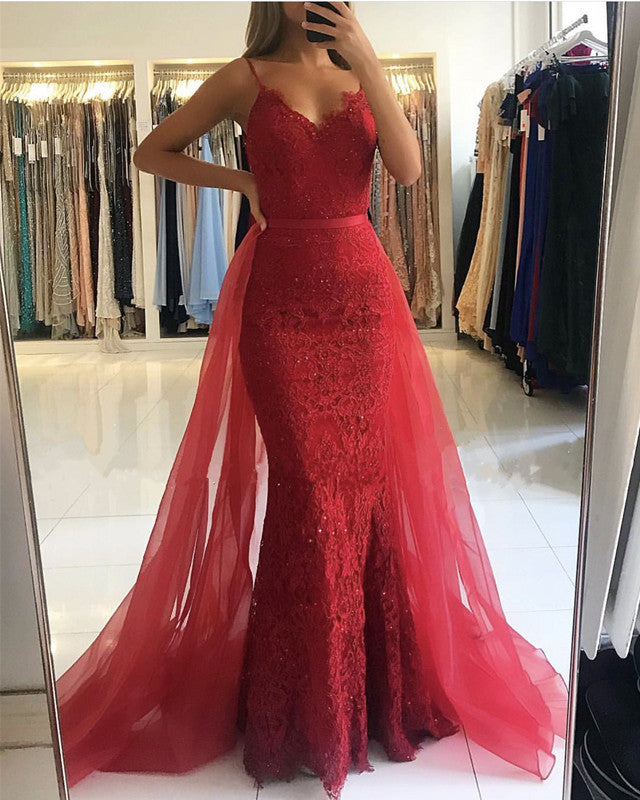 Spaghetti Straps V-neck Lace Mermaid Prom Dresses 2019 Removable Skirt