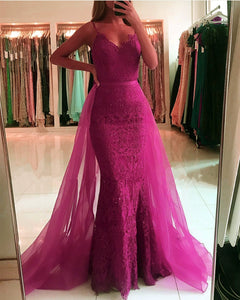 Spaghetti Straps V-neck Lace Mermaid Prom Dresses 2019 Removable Skirt
