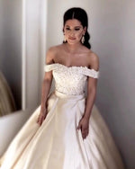 Load image into Gallery viewer, Champagne-Wedding-Dresses-Satin-Ball-Gowns-Lace-Off-The-Shoulder
