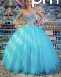 Sheer Long Sleeves Crystal Beaded Bodice Tulle Ball Gowns Quinceanera Dresses