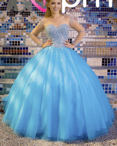 Sheer Long Sleeves Crystal Beaded Bodice Tulle Ball Gowns Quinceanera Dresses
