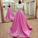 Load image into Gallery viewer, Modest Lace Cap Sleeves Open Back Satin Prom Dresses 2017 Long
