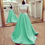 Load image into Gallery viewer, Modest Lace Cap Sleeves Open Back Satin Prom Dresses 2017 Long

