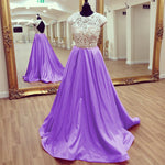Load image into Gallery viewer, Modest Lace Cap Sleeves Open Back Satin Prom Dresses 2017 Long
