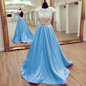 Modest Lace Cap Sleeves Open Back Satin Prom Dresses 2017 Long