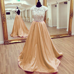 Load image into Gallery viewer, Modest Lace Cap Sleeves Open Back Satin Prom Dresses 2017 Long
