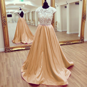 Modest Lace Cap Sleeves Open Back Satin Prom Dresses 2017 Long