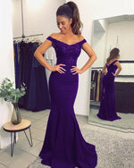 Load image into Gallery viewer, Purple-Bridesmaid-Dresses-Beaded-Lace-V-neck-Formal-Mermaid-Evening-Gowns
