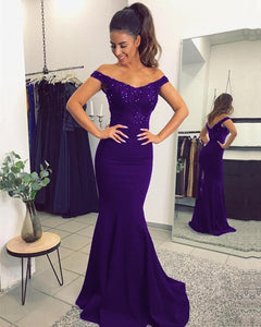 Purple-Bridesmaid-Dresses-Beaded-Lace-V-neck-Formal-Mermaid-Evening-Gowns