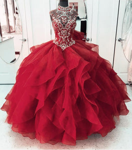 High Neck Crystal Beaded Bodice Corset Organza Layered Quinceanera Dresses Ball Gowns 2018