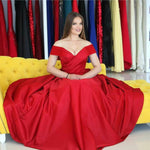 Load image into Gallery viewer, Red Satin Long V Neck Prom Dresses Ball Gowns 2018
