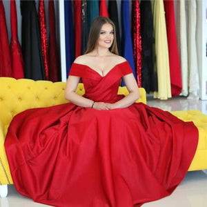 Red Satin Long V Neck Prom Dresses Ball Gowns 2018