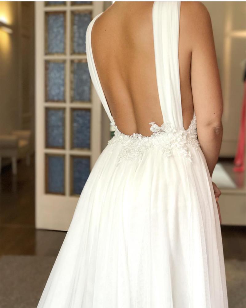 Sexy Plunge Neck Tulle Wedding Dresses Beach 2017 Lace Appliques