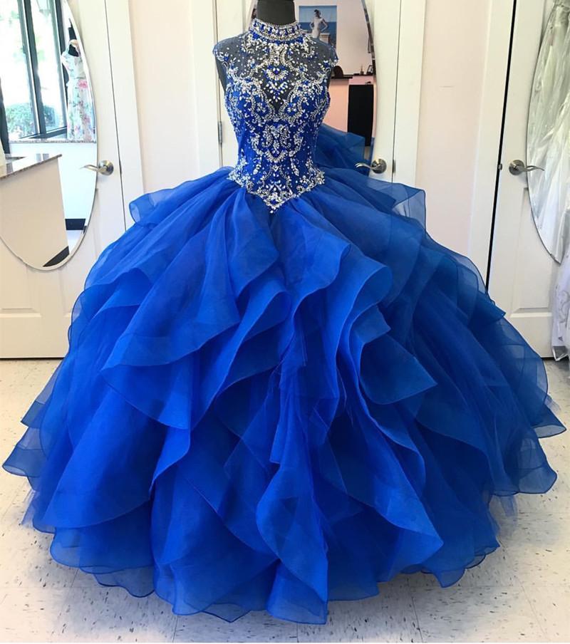 High Neck Crystal Beaded Bodice Corset Organza Layered Quinceanera Dresses Ball Gowns 2018