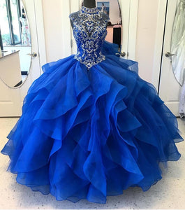 High Neck Crystal Beaded Bodice Corset Organza Layered Quinceanera Dresses Ball Gowns 2018