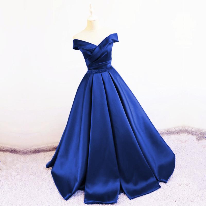 Sexy V Neck Off The Shoulder Satin Ball Gown Prom Dress Beaded Sashes