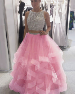 Exquisite Sequin Beaded Organza Ruffles Prom Dresses Two Piece