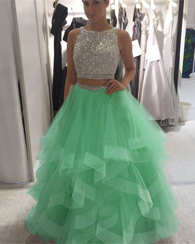Exquisite Sequin Beaded Organza Ruffles Prom Dresses Two Piece