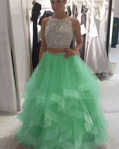 Exquisite Sequin Beaded Organza Ruffles Prom Dresses Two Piece