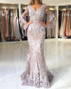 Lilac-Lace-Prom-Dresses-Mermaid-V-neck-Evening-Gowns