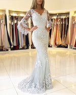 Load image into Gallery viewer, Silver-Mermaid-Prom-Gowns-Lace-Sleeved-Evening-Dresses-2019

