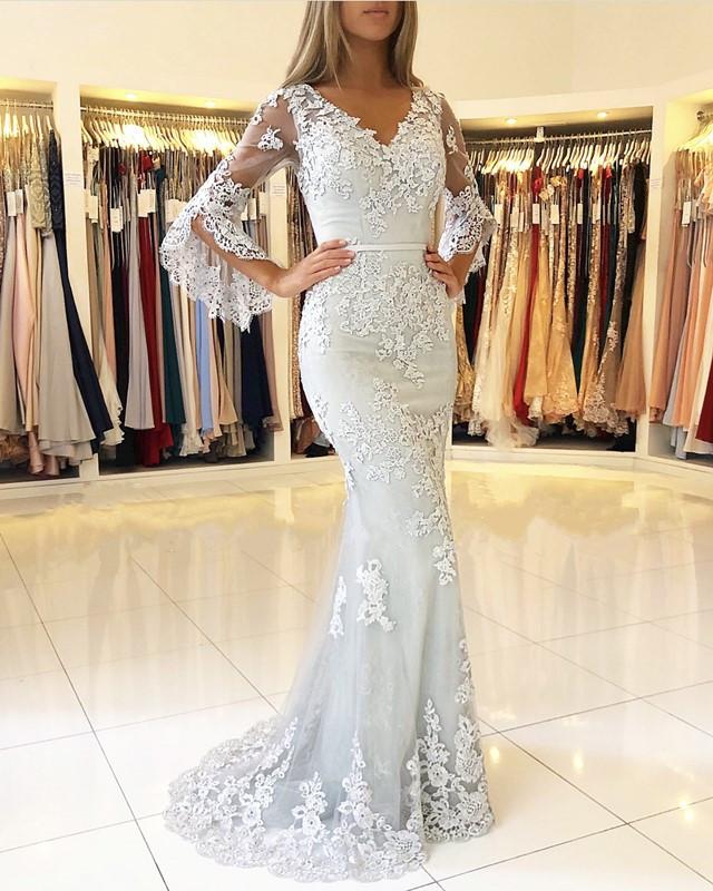 Elegant Puffy Sleeves Lace V-neck Mermaid Prom Evening Dresses